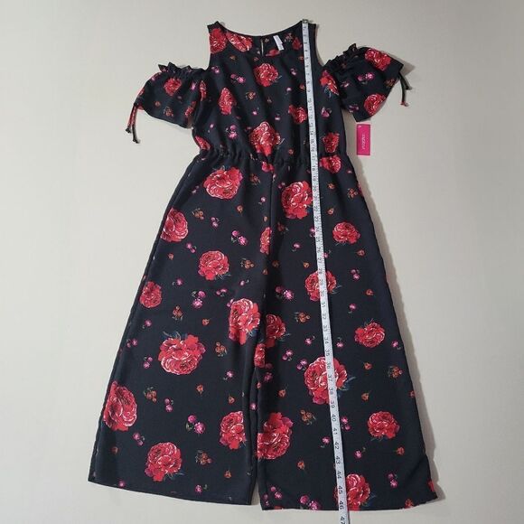 Xhilaration Women's Black Red Floral Cold Shoulder One Piece Ruffle Jumpsuit - Picture 7 of 16